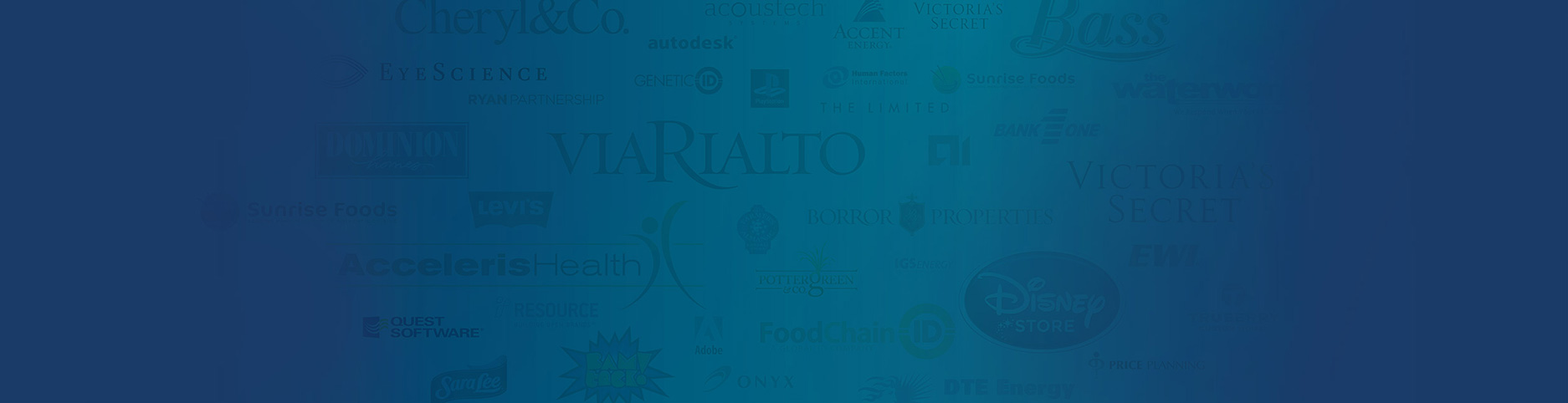 Clients include Disney Stores, Victoria's Secret, Levis, Food Chain ID, EyeScience, PlayStation, Bank One, Acceleris Health, and more.